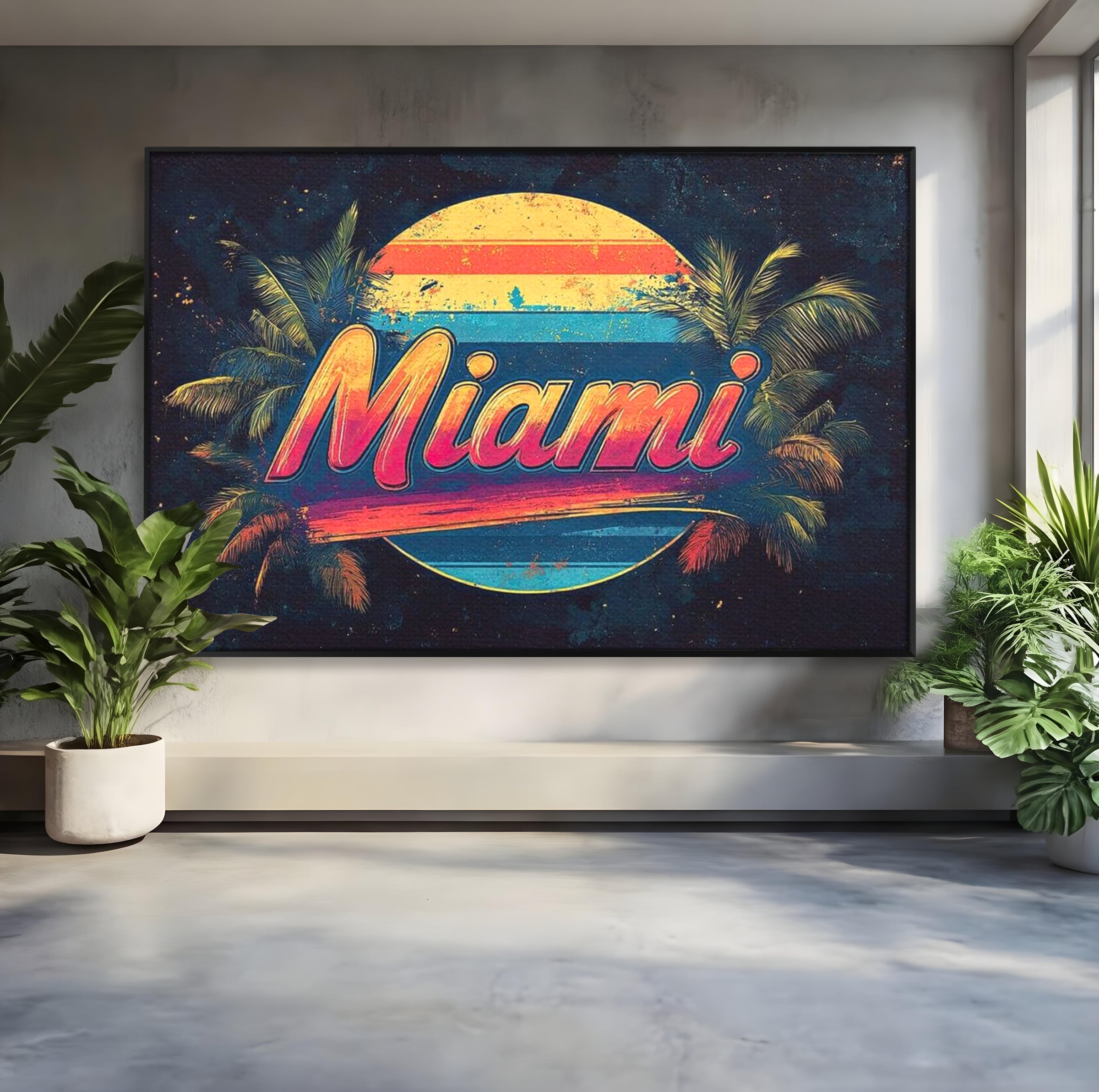 Tablou canvas cu ilustratie retro miami cu soare si palmieri, in rama de aluminiu negru